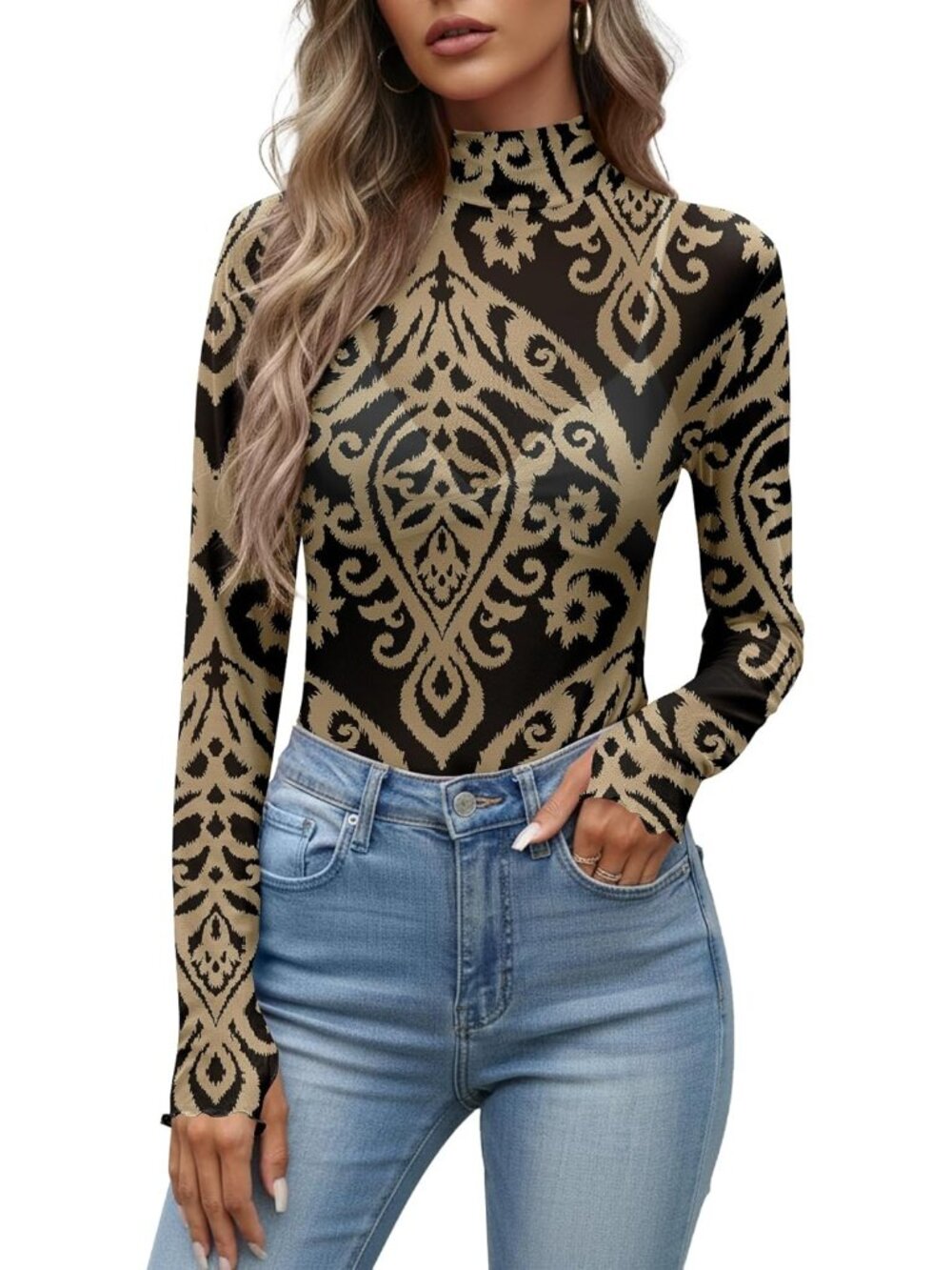 Women's Khaki Polyester Mesh Top Blouse Party Clubwear Long Sleeve Shirt
